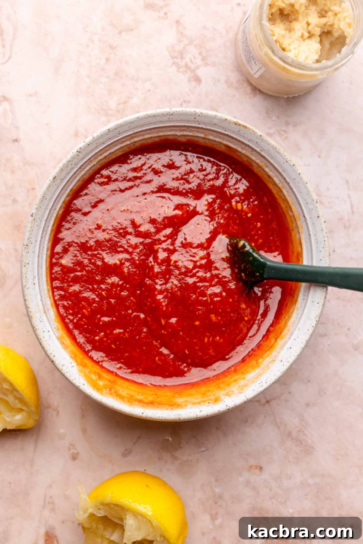 A spatula mixes cocktail sauce with lemon juice and horseradish in a bowl.