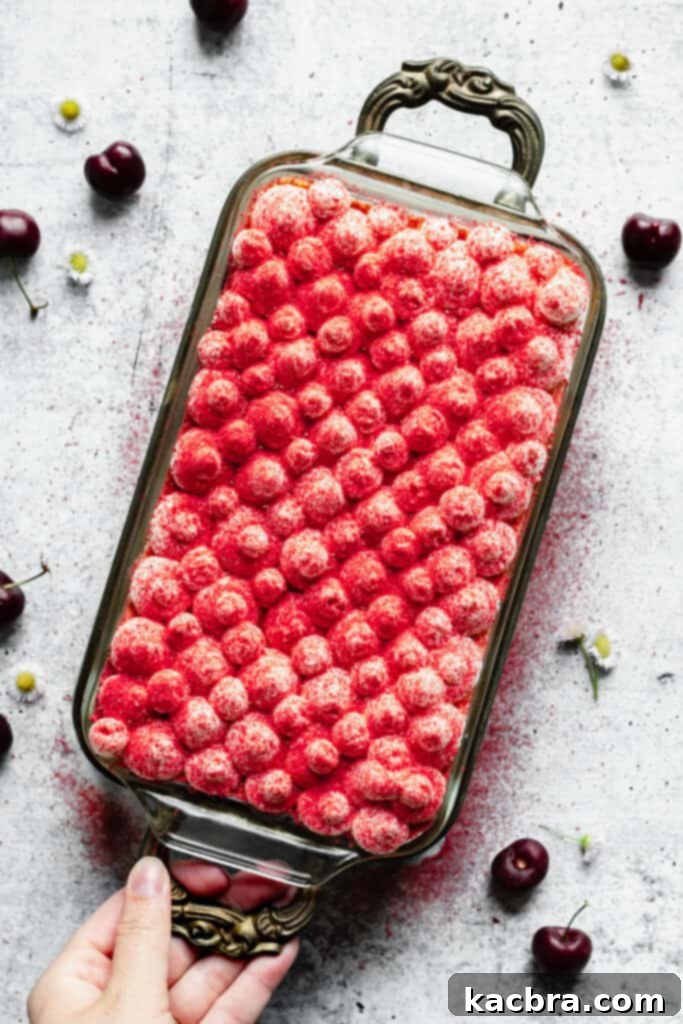 The finished cherry almond tiramisu is dusted with freeze-dried cherry powder, adding a final touch of color and flavor.