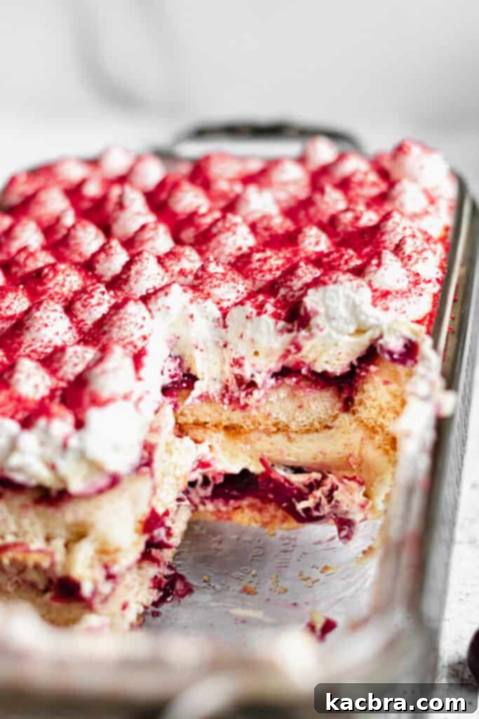 A beautifully plated slice of Cherry Almond Tiramisu, showcasing its distinct layers, ready to be enjoyed.