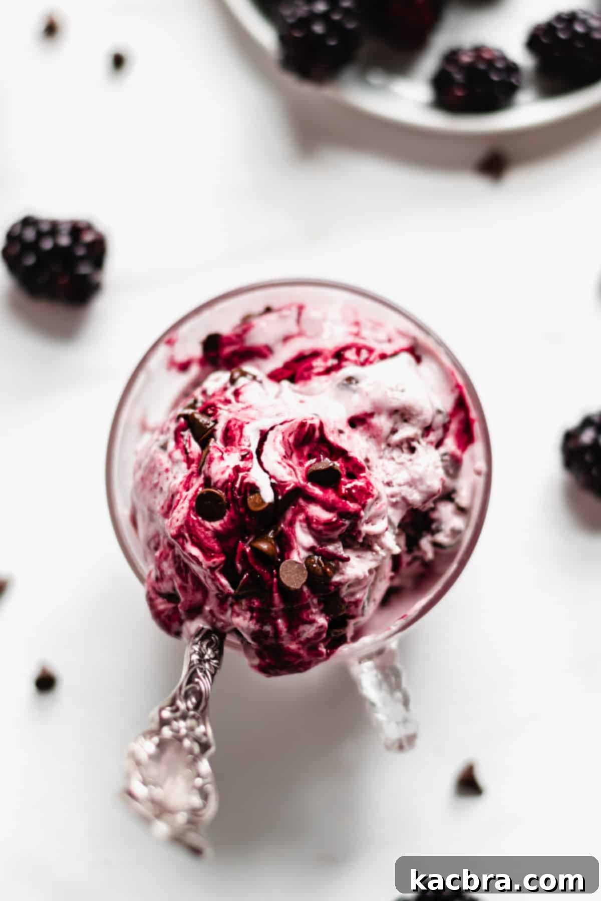 Overhead shot of a cup filled with Blackberry Chip Ice Cream. A spoon sticks out.