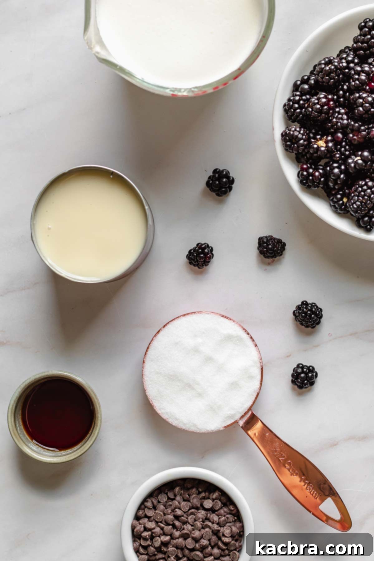 Ingredients for black raspberry chocolate chip ice cream.