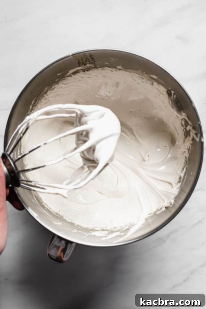 Marshmallow mixture after 10 minutes of whipping, ready for spreading.