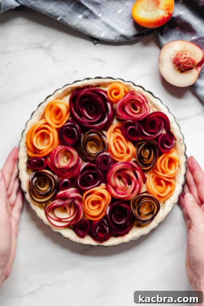 Completed stone fruit tart prior to baking, shot from overhead, showcasing perfectly arranged fruit roses.