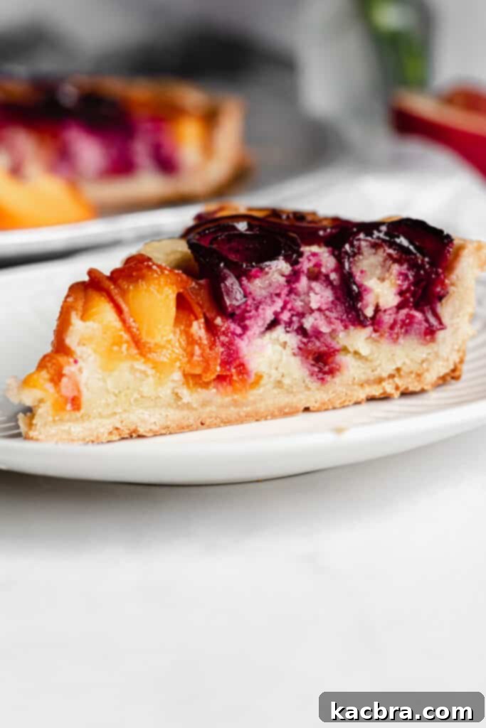 Close-up of a baked stone fruit tart slice, showing fruit and frangipane.
