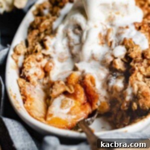 A serving of warm peach crisp with melting vanilla ice cream, ready to be enjoyed.