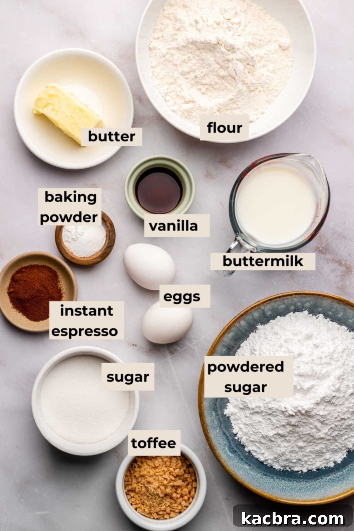 Ingredients for coffee donuts including flour, sugar, butter, eggs, buttermilk, and espresso powder.