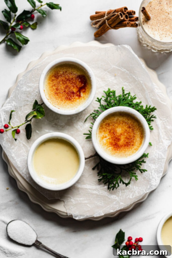 Close-up of caramelized sugar on eggnog creme brulee.
