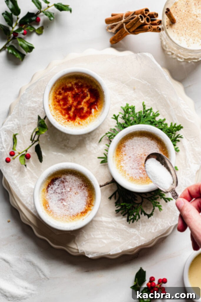 A finished Eggnog Crème Brûlée with a perfect sugar crust.