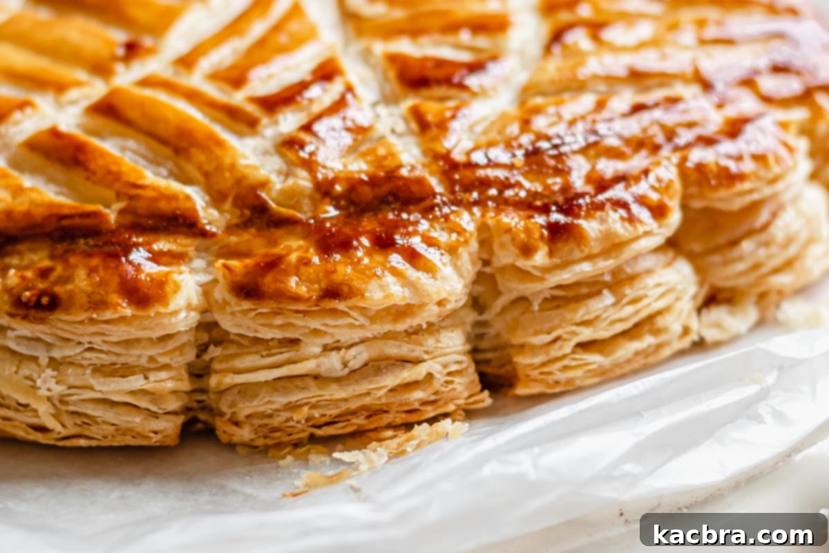 The flaky edges of baked rough puff pastry.