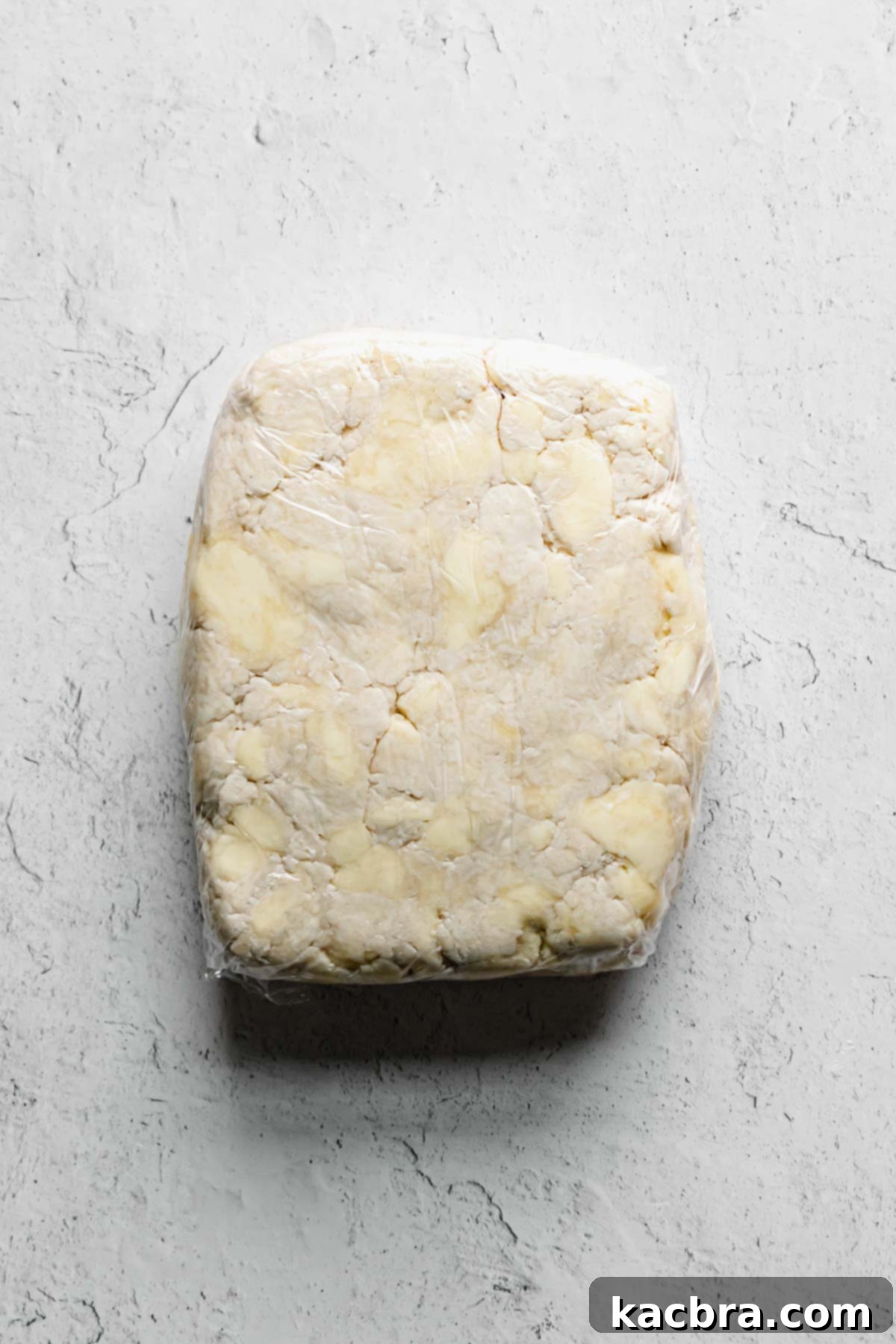 The dough wrapped in plastic wrap and formed into a rectangle.