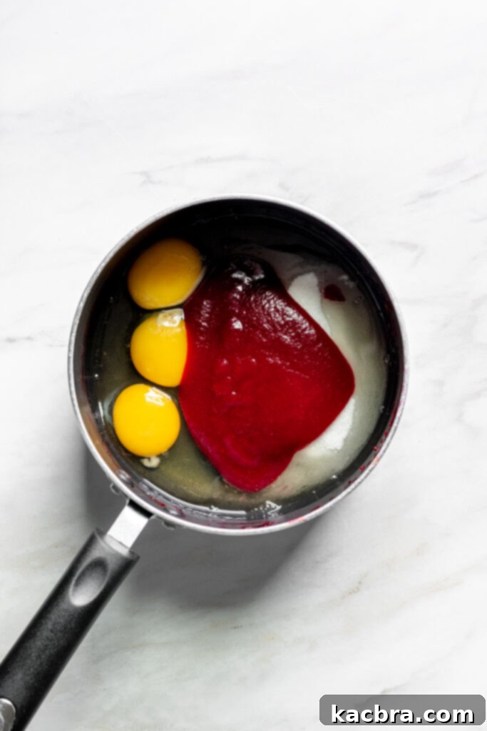 Eggs, cranberry puree, and sugar