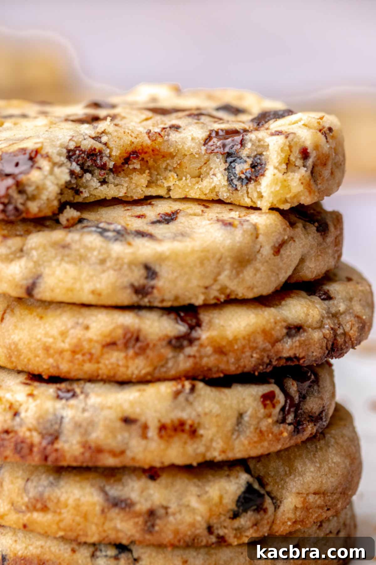 A stack of shortbread slice and bake cookies. The top cookie has a bite removed, revealing chocolate and nuts.