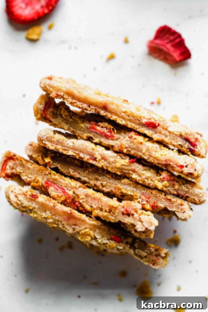 A stack of golden-brown corn flake cereal cookies, one cut in half revealing its soft, chewy interior studded with pink freeze-dried strawberries.