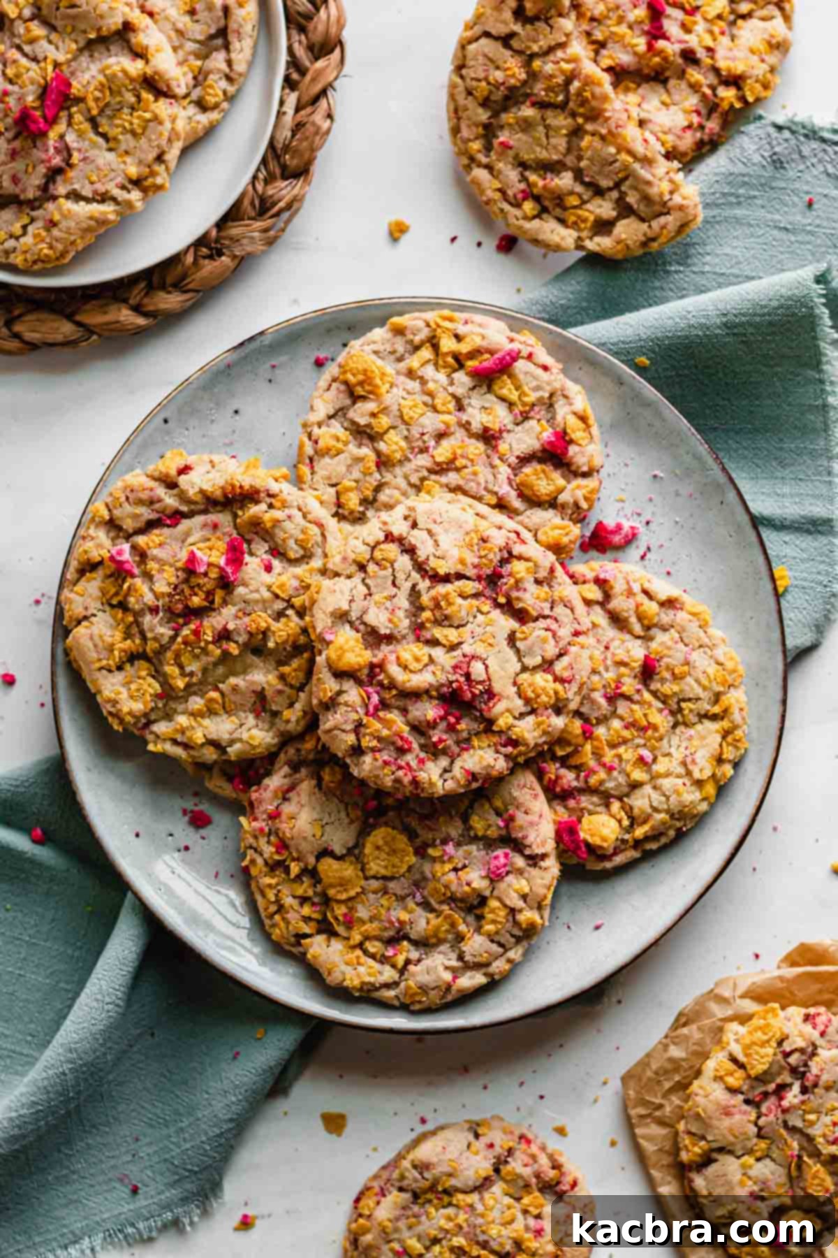 A stack of homemade cornflake cereal cookies with freeze-dried strawberries on a white plate, showcasing their golden color and textured edges.