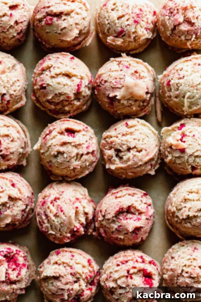 Scooped cookie dough balls arranged on a baking sheet, ready for their cornflake coating.