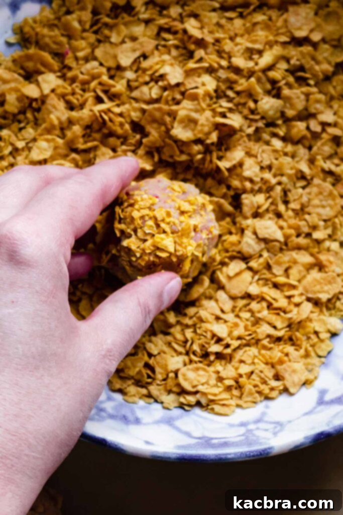 A cookie dough ball being rolled through a bowl of crushed cornflakes, creating a crispy outer layer.