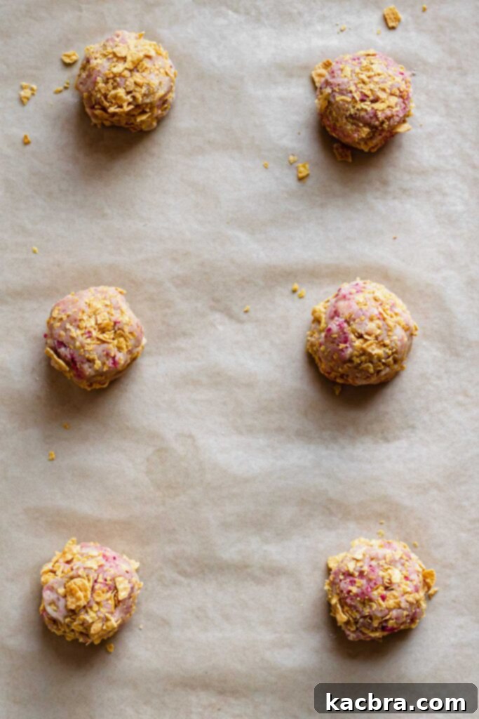 Raw cookie dough balls, coated in cornflakes, neatly arranged on a parchment-lined baking sheet, ready for the oven.