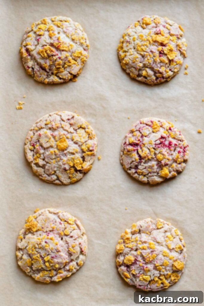 Freshly baked corn flake cereal cookies cooling on a baking sheet, showcasing their golden edges and crinkled tops.