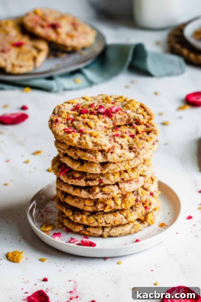 A tall stack of golden-brown cornflake cookies, with the top cookie having a bite taken out, revealing its soft, chewy interior.