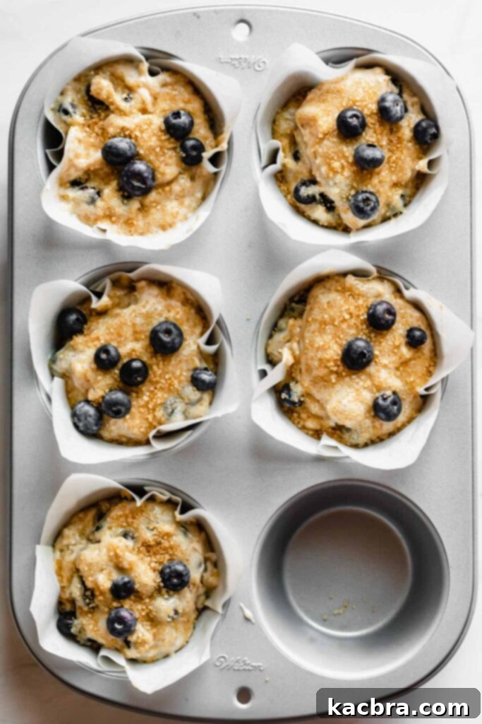 Muffin batter in the wells topped with fresh blueberries and sparkling coarse sugar, ready for baking.