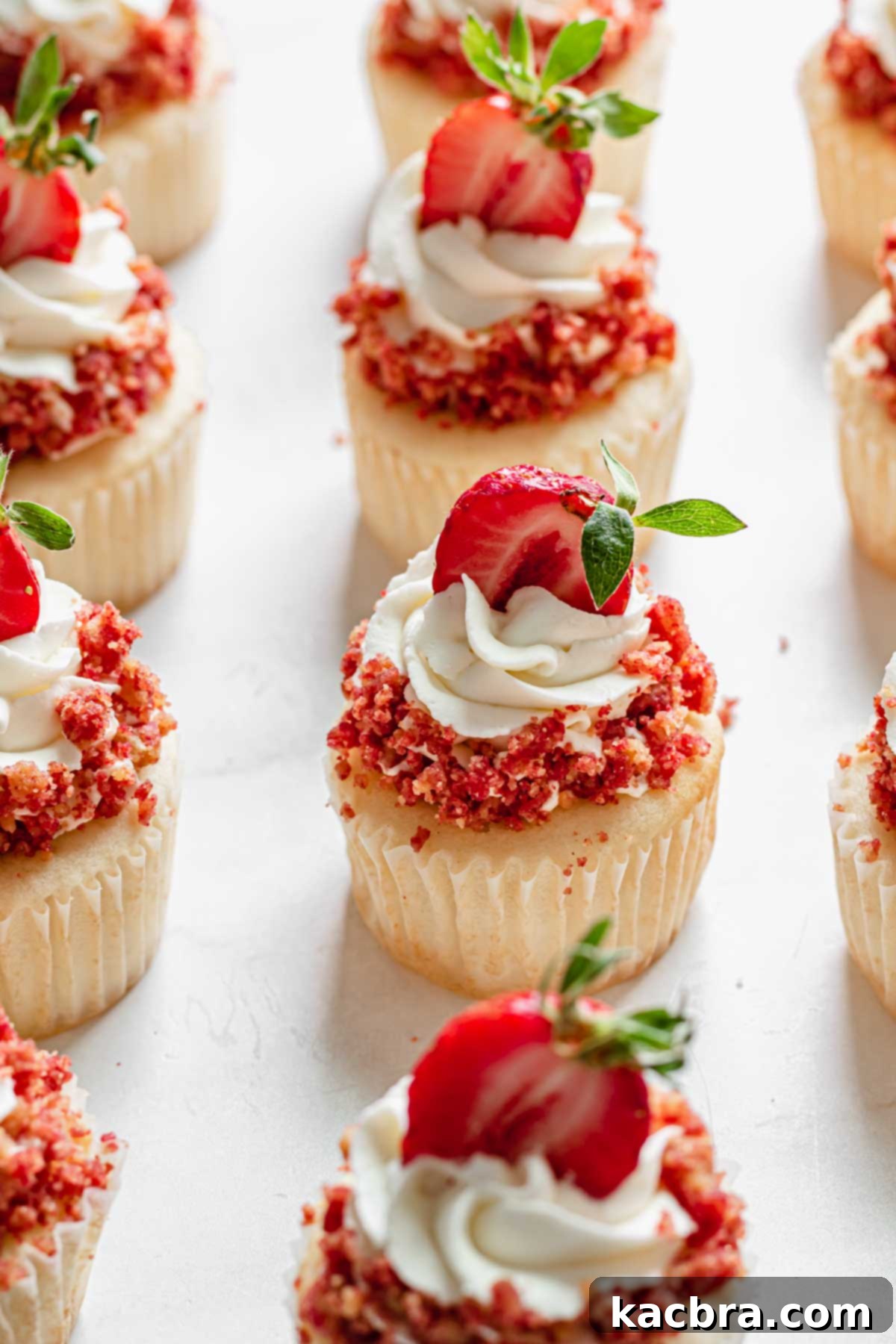 Double Strawberry Crunch Cupcakes 2 Rows of perfectly baked and frosted strawberry crunch cupcakes, garnished with fresh strawberry slices and a vibrant, crunchy topping.