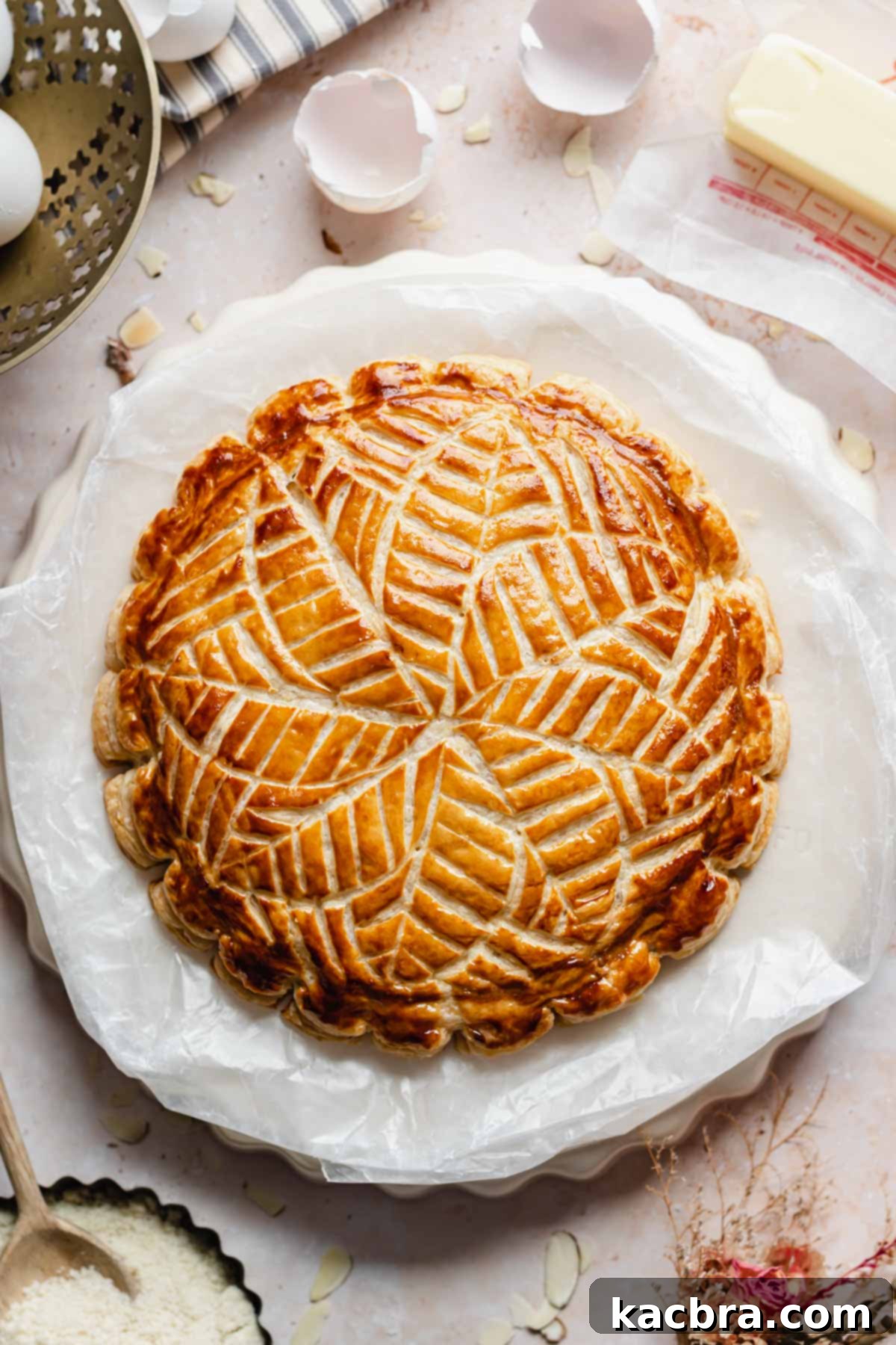 Overhead shot of a baked Galette des Rois showcasing its intricate design.