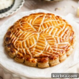 45 degree shot of the finished galette des rois to show the design.