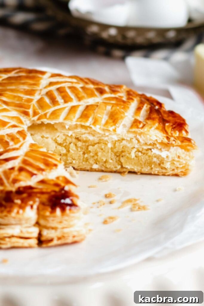Cross section of a freshly cut Galette des Rois, revealing the almond cream filling and flaky layers.
