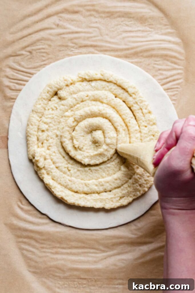 Almond cream is expertly piped in a spiral onto the bottom rough puff pastry circle.
