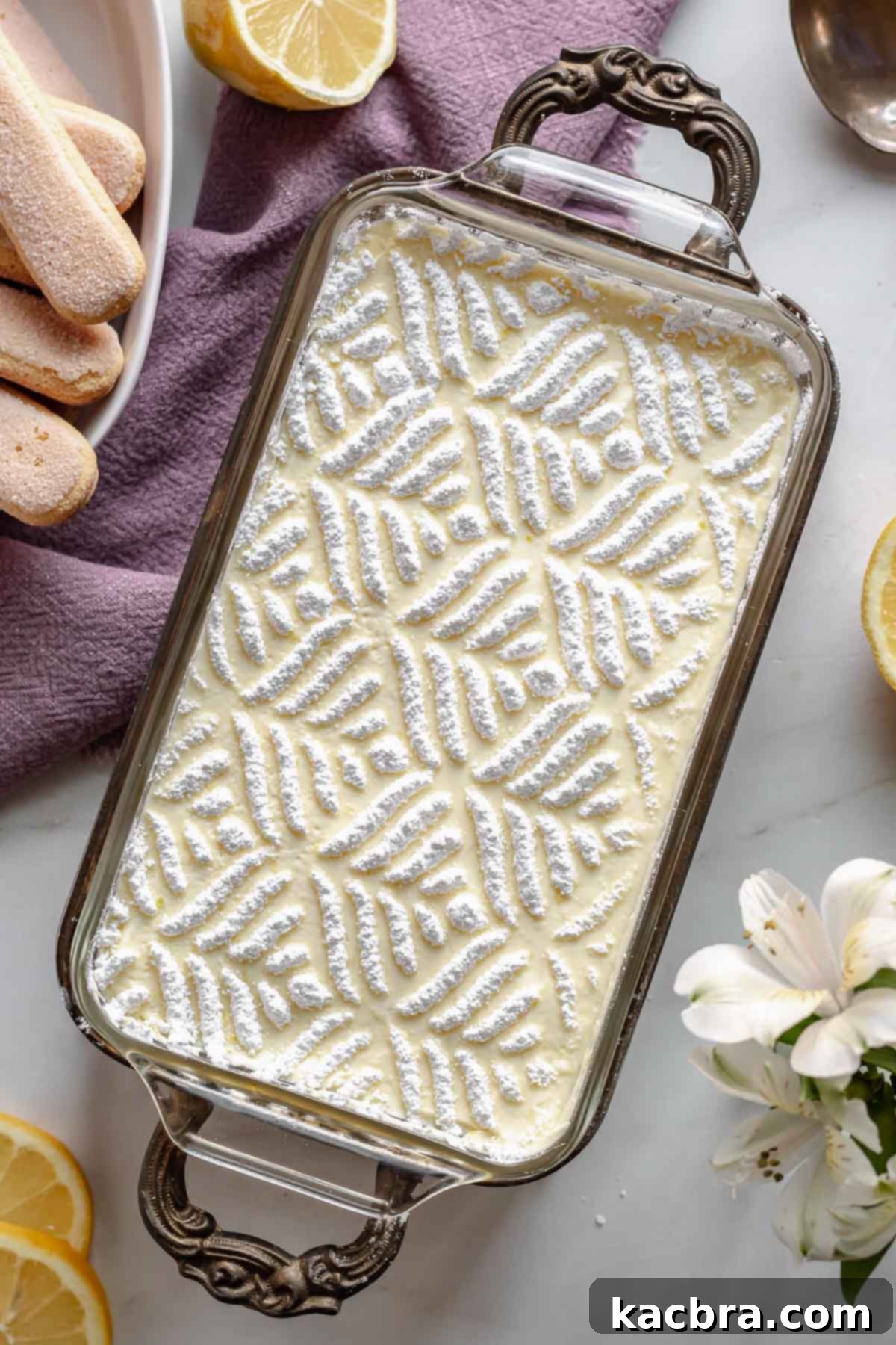 Earl Grey Tiramisu presented beautifully in a serving holder.