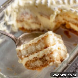 Piece of tiramisu sitting on a spoon in the dish, showcasing its texture.