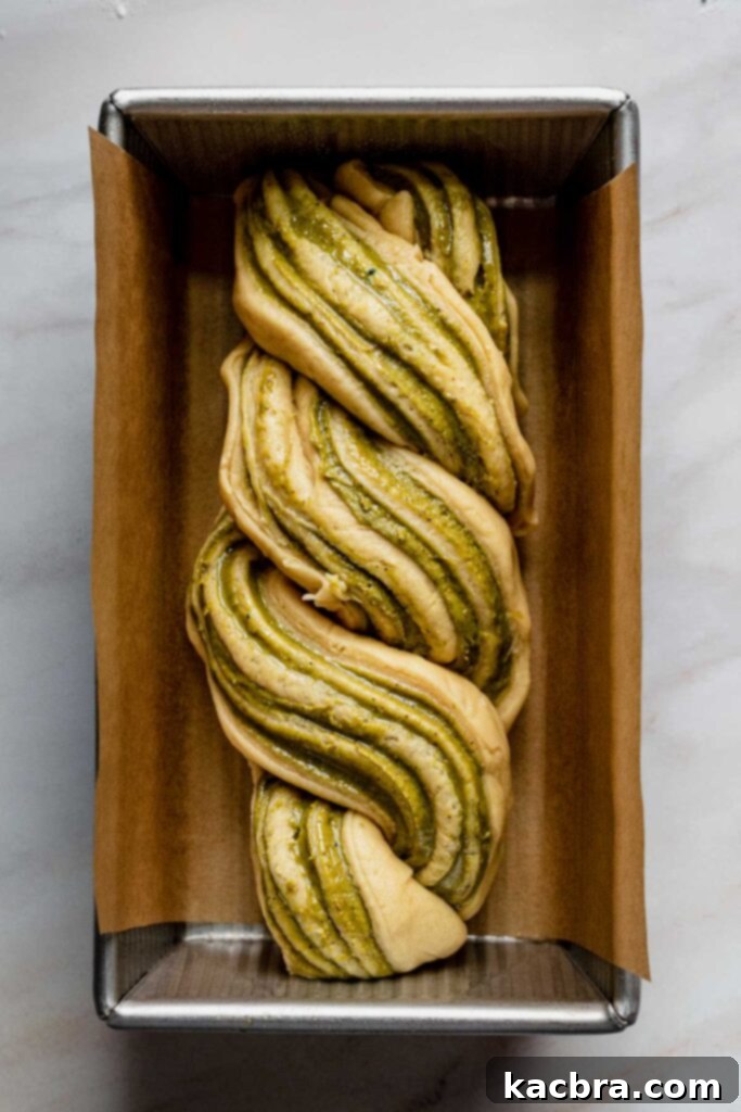 The twisted babka dough, unrisen, carefully placed in a parchment-lined loaf pan, ready for its second proof.