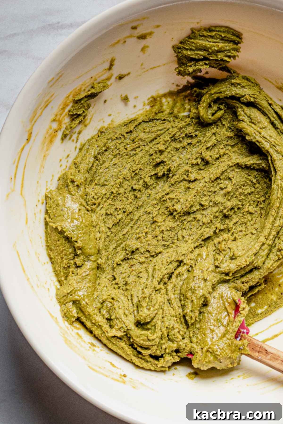 Rich green pistachio butter filling, perfectly mixed and ready to be spread onto the babka dough.