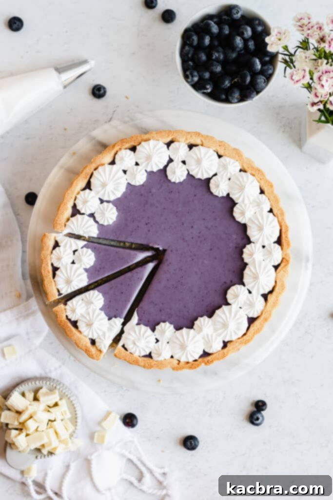 A stunning Blueberry White Chocolate Ganache Tart seen from above, with two perfect slices cut. Fresh white chocolate chunks and blueberries are elegantly scattered in the background, hinting at the tart's delicious components.