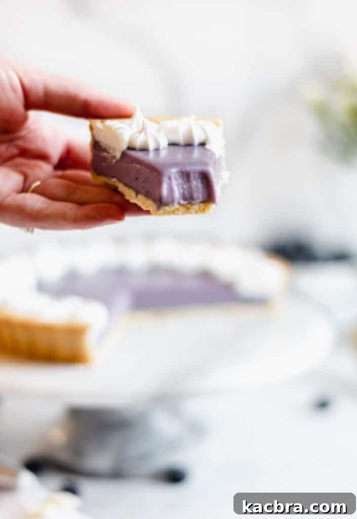 A hand carefully holds a slice of blueberry white chocolate ganache tart, with a bite already removed, showcasing the creamy filling and crisp crust.