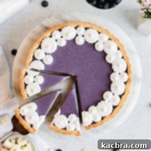 Blueberry white chocolate ganache tart with three pieces sliced. One is being removed from the tart pan.