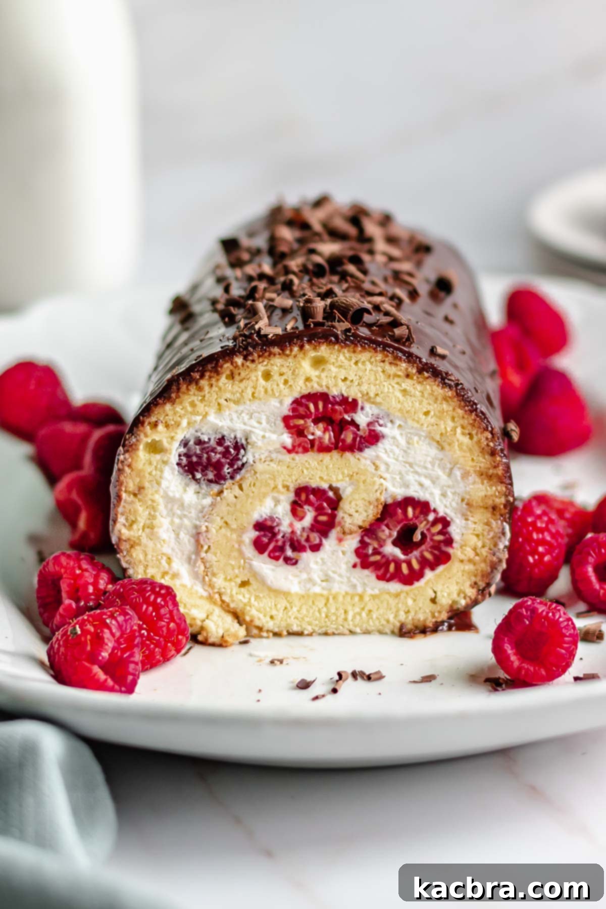 Raspberry and Vanilla Swirl Cake with Decadent Chocolate Ganache 2 Vanilla Swiss roll with a slice removed to show raspberries inside.