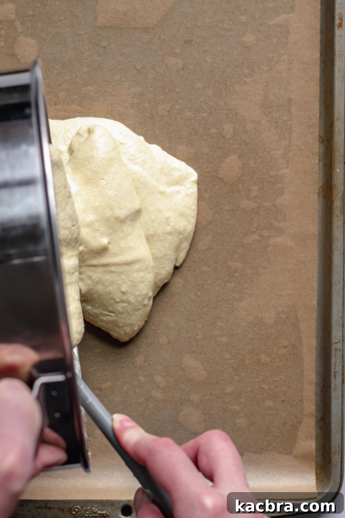 Batter pouring onto a parchment baking sheet.
