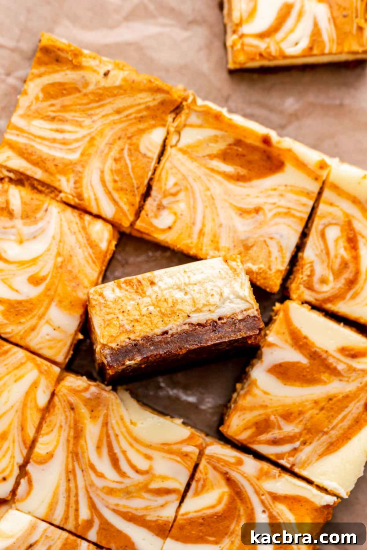 Sliced pumpkin cheesecake bars, with one bar casually tilted on its side, showcasing the beautiful swirl and the gingersnap crust.