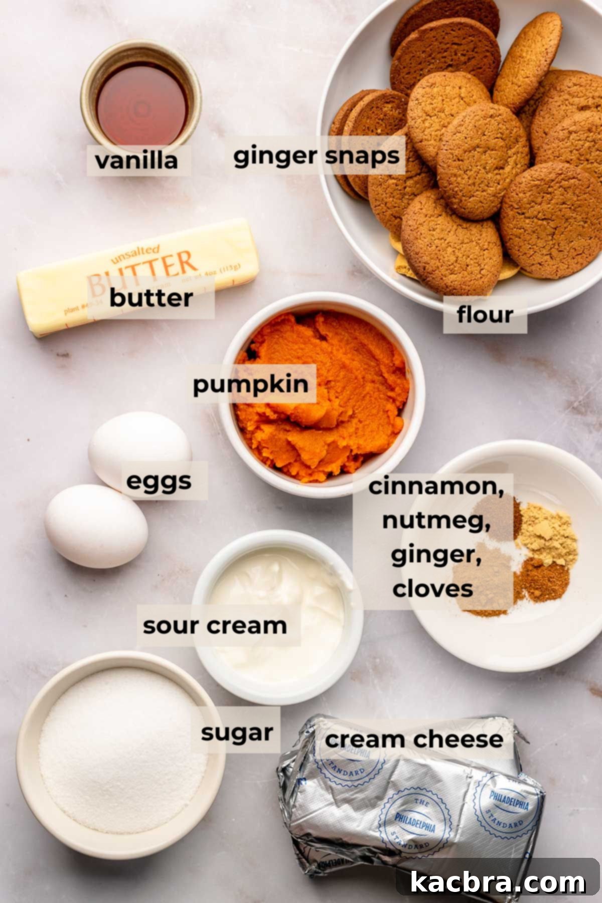 A flat lay photograph showcasing all the ingredients required for making pumpkin cheesecake bars, arranged neatly on a surface.