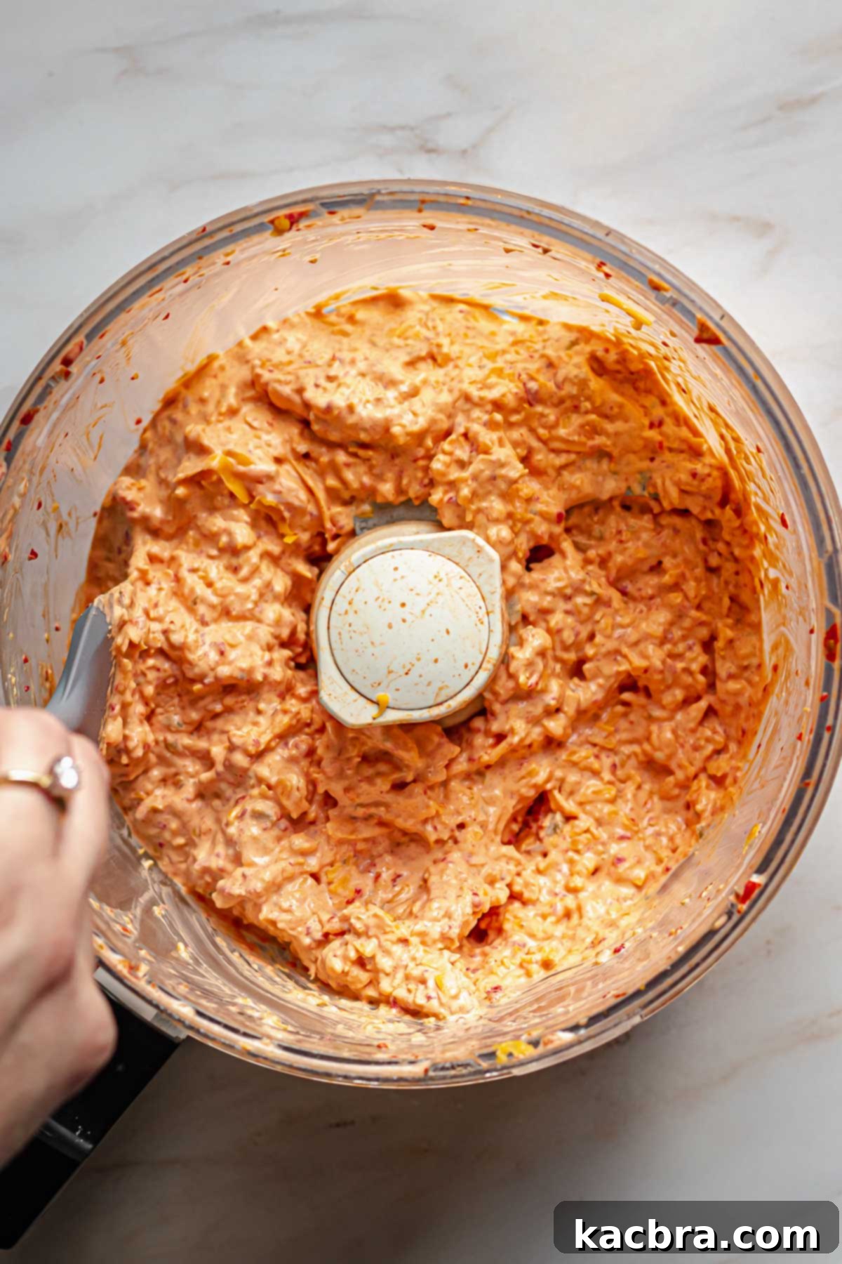 Savory Pimento Pretzel Twists 7 Pimento cheese ingredients in a food processor bowl before blending.