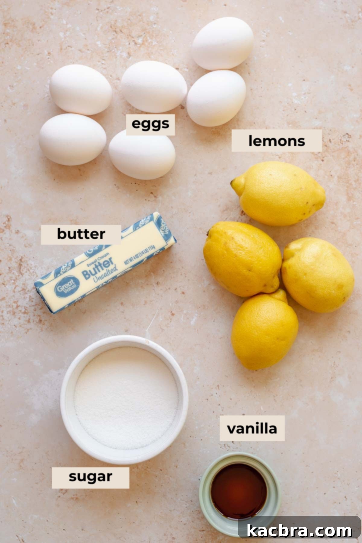 Ingredients for lemon curd and meringue.