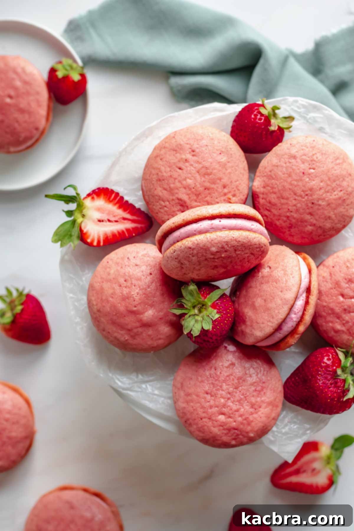 Blushing Strawberry Delights 2 A stack of homemade Strawberry Whoopie Pies elegantly arranged on a cake stand, with a soft linen draped beneath, showcasing their inviting pink hue and perfect shape.