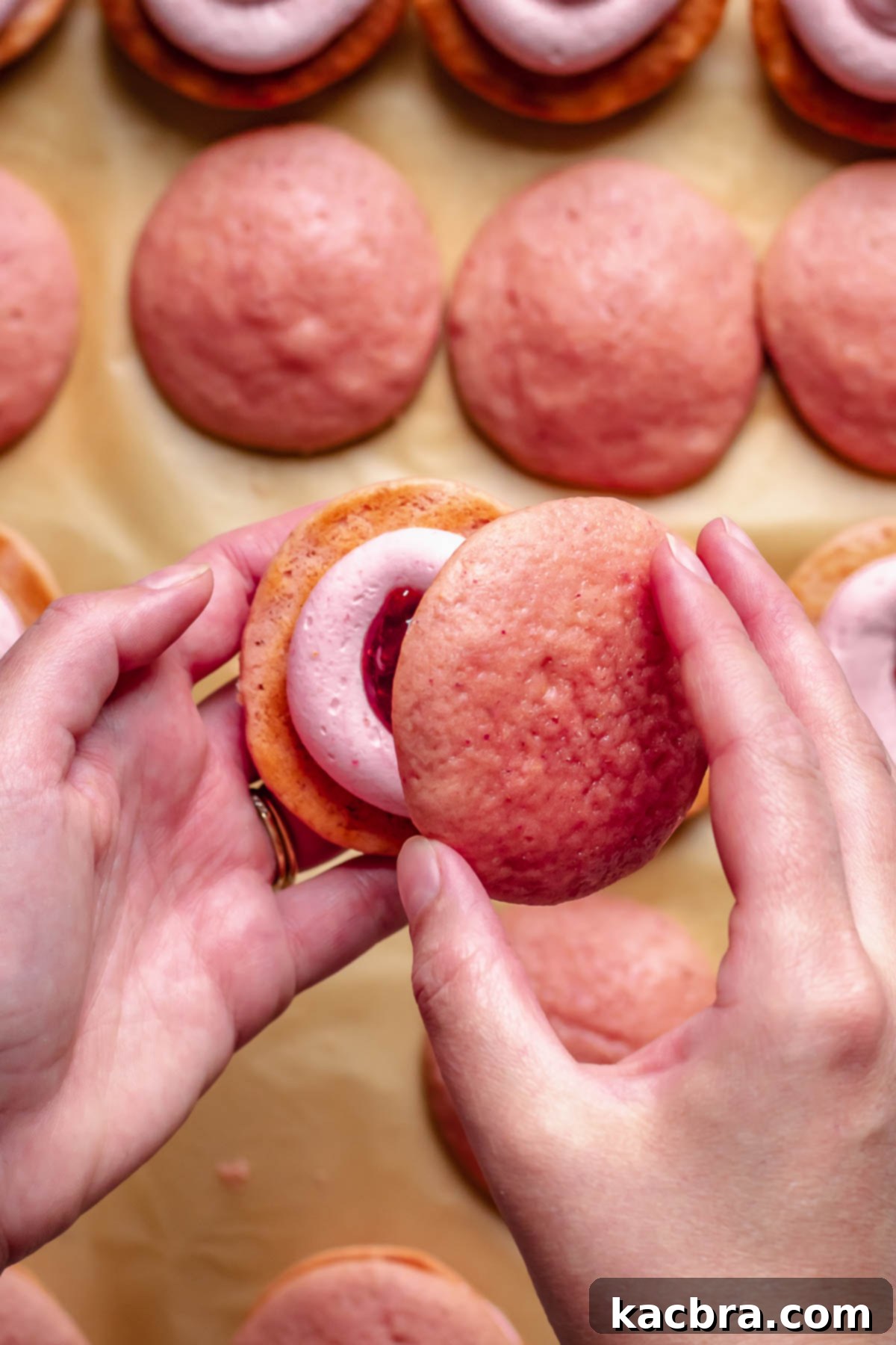 Blushing Strawberry Delights 12 Hands carefully pressing together the two halves of a strawberry whoopie pie, sandwiching the creamy frosting and jam filling.