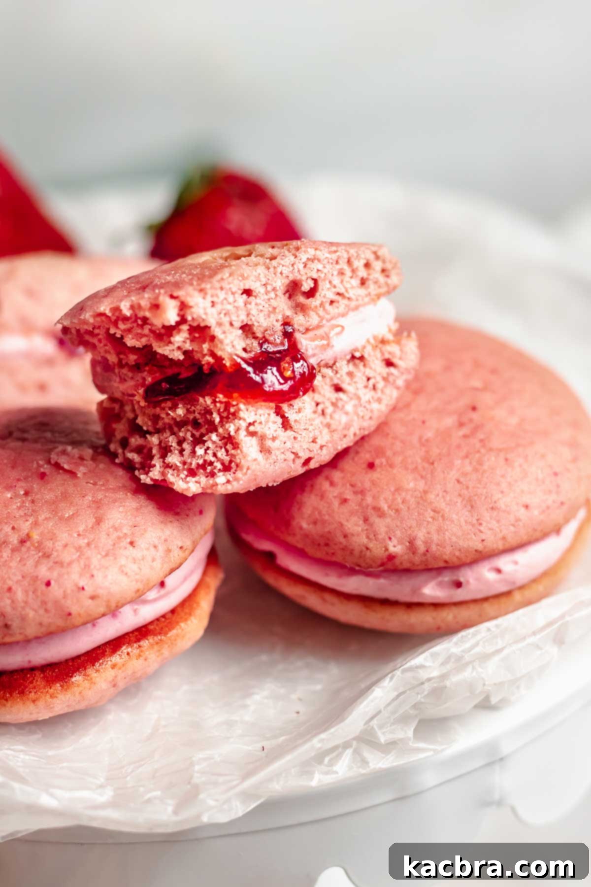 Blushing Strawberry Delights 13 Rich strawberry jam oozing from the center of a perfectly cut open strawberry whoopie pie, highlighting the luscious filling.
