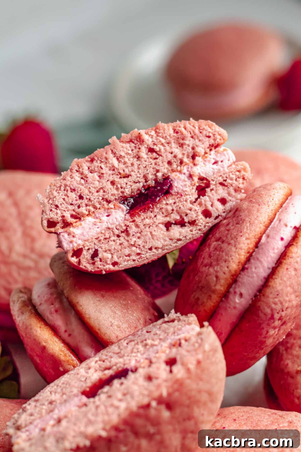 Blushing Strawberry Delights 3 Several soft strawberry whoopie pies are stacked high, with one pie cut in half to reveal its vibrant strawberry cheesecake filling and a generous dollop of strawberry jam inside.