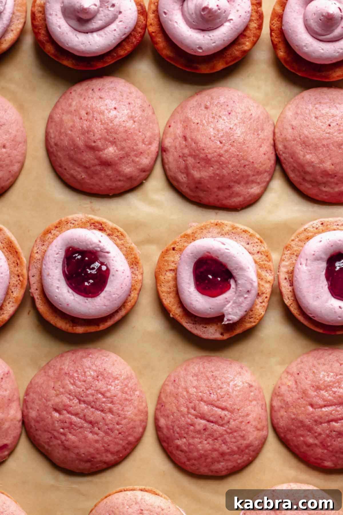Blushing Strawberry Delights 9 Assembled strawberry whoopie pies awaiting their top halves, showing a neat circle of frosting piped around the edges and a vibrant dollop of strawberry jam in the center of each cake base.