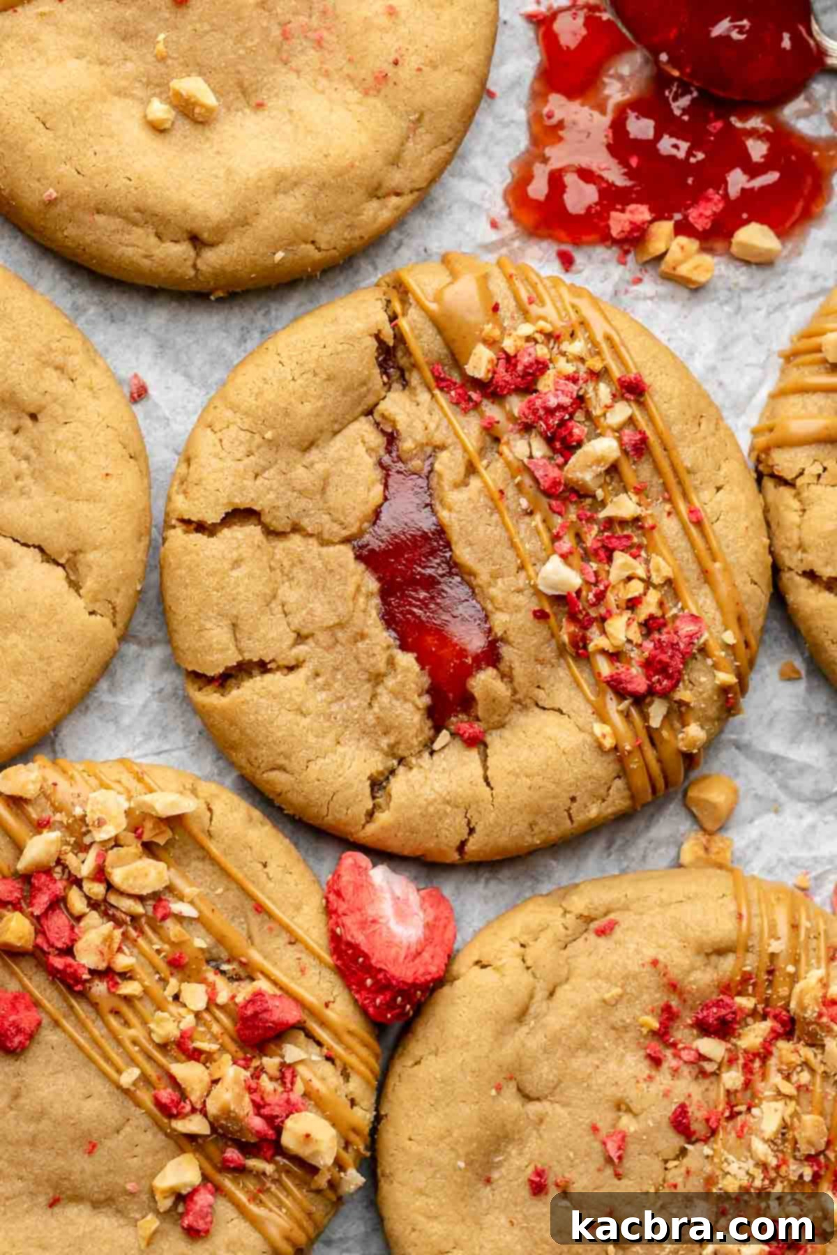 Jammy Peanut Butter Delights 2 Delicious peanut butter jelly cookies on parchment paper, fresh out of the oven.