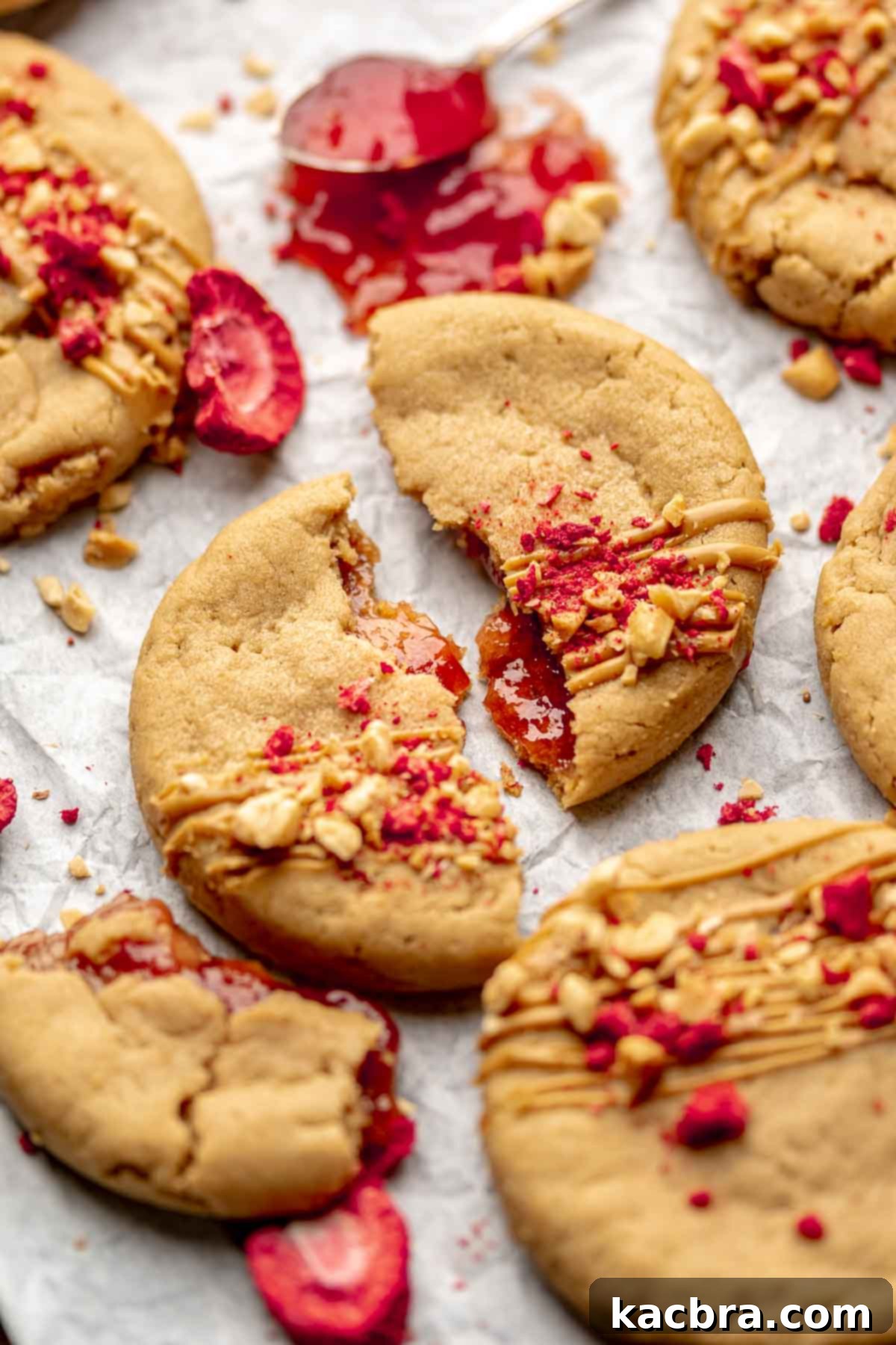 Jammy Peanut Butter Delights 14 A peanut butter and jelly cookie broken in half, showing the gooey jam center.