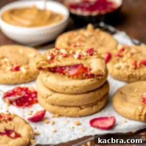 Jammy Peanut Butter Delights 15 A stack of peanut butter and jelly cookies. The top cookie is broken open to show the jam.